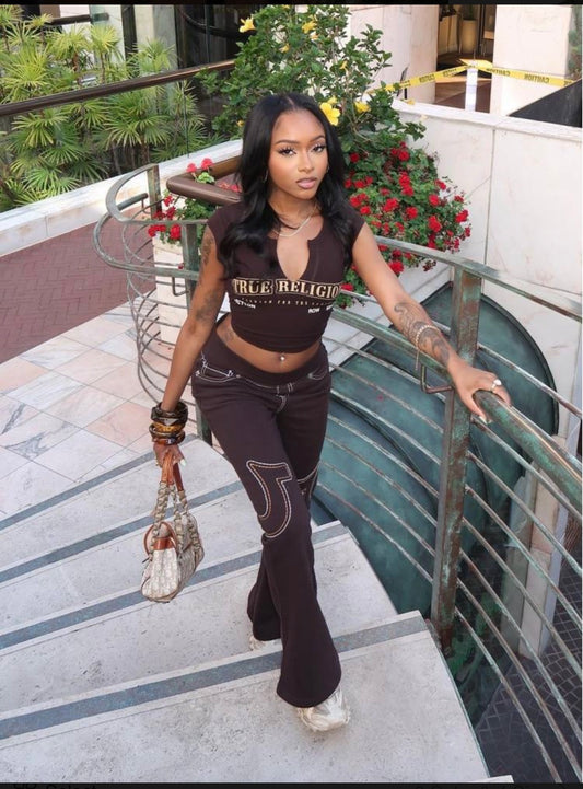 Letter Printed V Neck Bodycon Cropped T-shirts