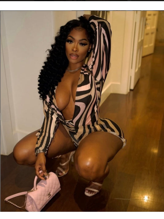 Colorblock Striped V Neck Ruffle Short Sets