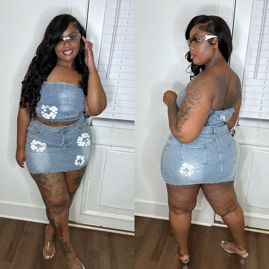 Denim tear skirt set